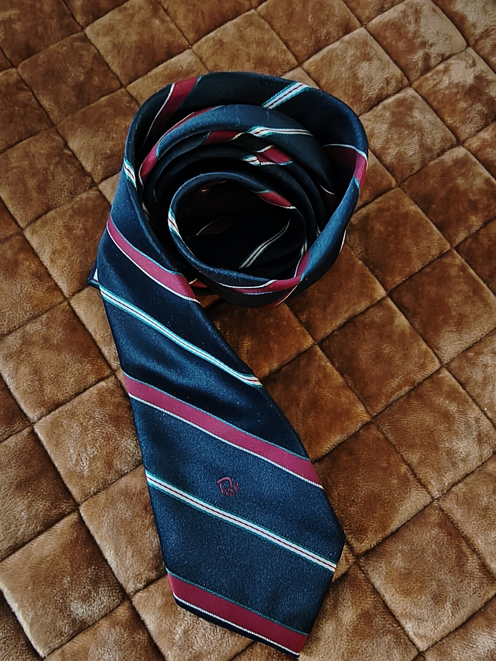 Christian Dior Vintage Navy Silk Tie with Burgundy and Light Blue Stripes